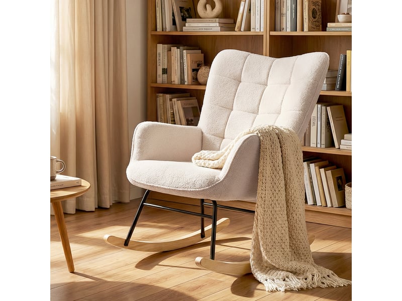  Fauteuil à bascule, chaise à bascule, rocking chair, revêtement bouclette, 71x98x101cm, beige  - Conforama D
