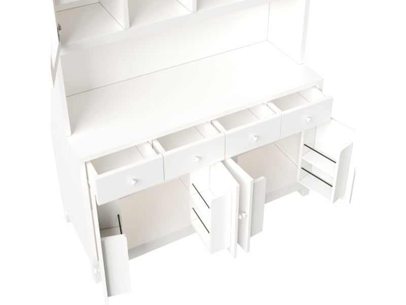  Buffet haut bois naturel 140x38,5x180 cm – led rgb pilotée par app – portes vitrées – 4 tiroirs – étagères  - Conforama E