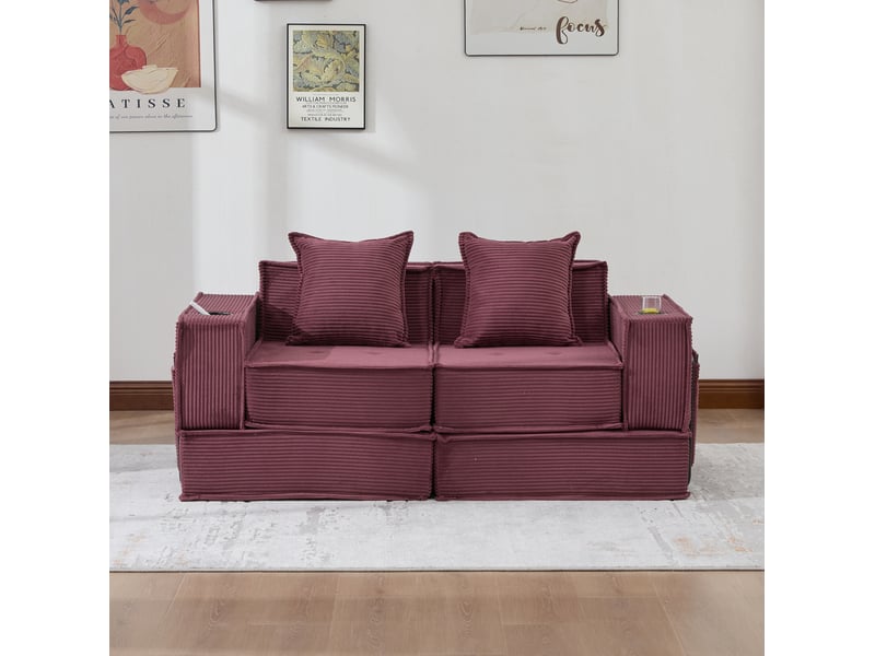  Canapé convertible 2 places en velours côtelé rouge bordeaux avec 2 coussins  - Conforama C