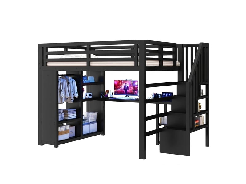 Lit mezzanine gaming 140x200 avec bureau intégré, led, usb et penderie, métal noir  - Conforama A