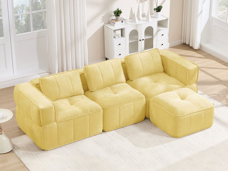Canapé d'angle modulable 3 places en polyester, forme l avec pouf, jaune - Conforama B