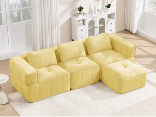 Canapé d'angle modulable 3 places en polyester, forme l avec pouf, jaune