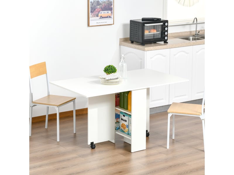 Table de salle à manger pliante, table de cuisine à abattants pour 6 personnes, table place avec 2 étagères ouvertes et roulettes verrouillables  - Conforama D
