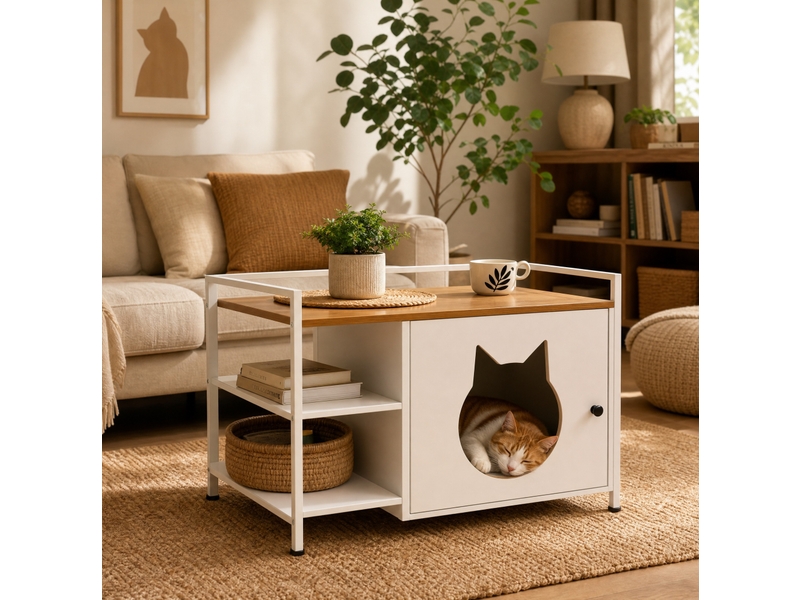  Table basse 76x54x59 cm avec rangement, pour salon, meuble de salon, pratique, en mdf et métal, blanc et chêne clair  - Conforama B