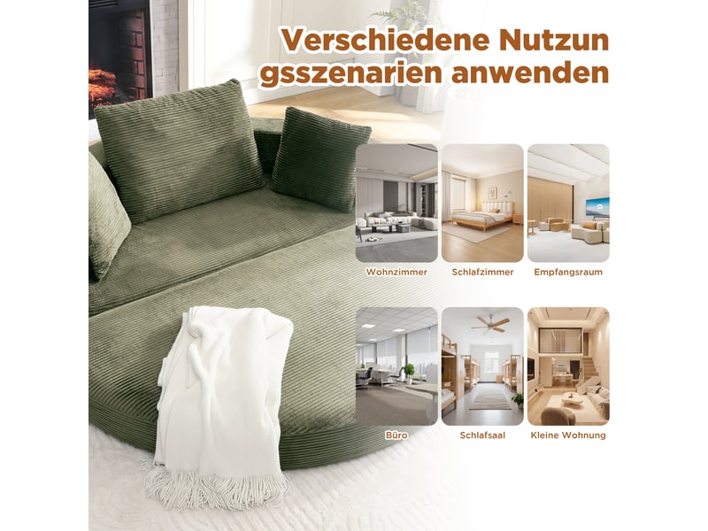  Canapé convertible 2 places en velours côtelé, 2-en-1, lit ovale 173×176 cm, sans montage, 3 coussins inclus  - Conforama R