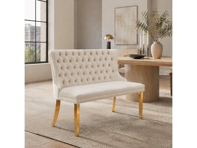  Banc de salle à manger 2 places en velours beige, dossier capitonné à ailes, pieds en acier inoxydable plaqué or  - Conforama C