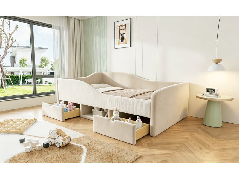  Lit enfant 90 x 190 cm en velours beige, 2 tiroirs et barrières latérales  - Conforama D