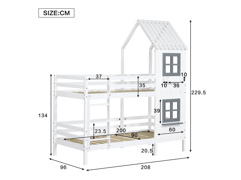  Lit superposé cabane enfant 2 x 90 x 200 cm avec fenêtres ouvrantes, escalier latéral 3 marches avec rampe, garde-corps, pinmdf, blanc  - Conforama E