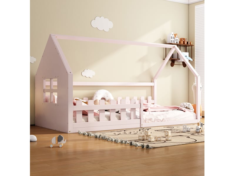  Lit cabane enfant 90 x 200 cm en pin et mdf, rose, avec sommier à lattes  - Conforama E