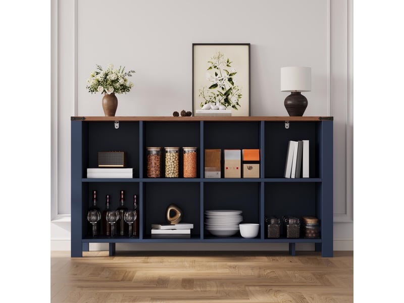  Buffet - 140x34x75cm - meuble de rangement ouvert avec 8 casiers &amp; plateau bois - bleu foncé  - Conforama B
