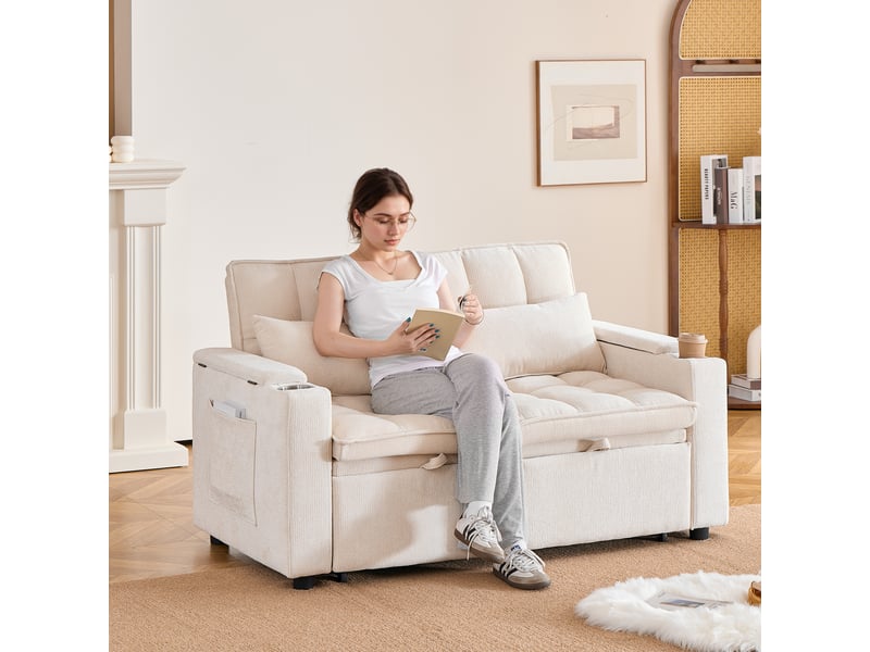 Canapé-lit convertible 3-en-1 142 cm, avec rangement, porte-gobelets, poches latérales et 2 coussins lombaires - beige  - Conforama D