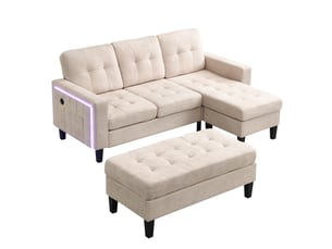 Canapé d’angle modulable 3 places 185x135x85 cm avec méridienne, pouf coffre mobile, éclairage led, canapé convertible port usb et rangement - beige