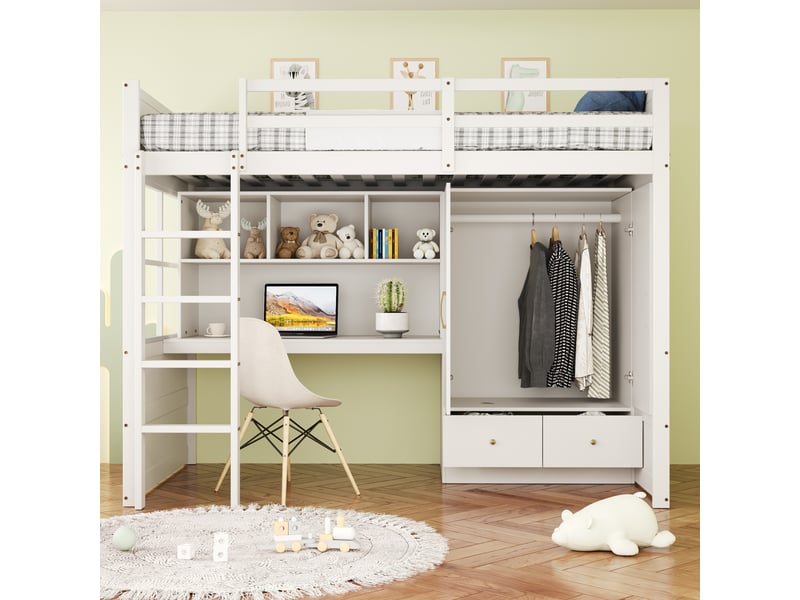 Lit mezzanine 90x200 cm blanc avec bureau, armoire et tiroirs - Conforama B