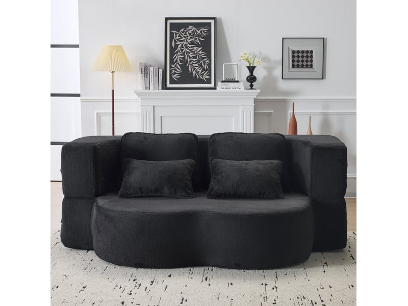  Canapé droit convertible 2 places en velours noir avec 4 coussins, mousse haute densité pour salon et chambre  - Conforama E