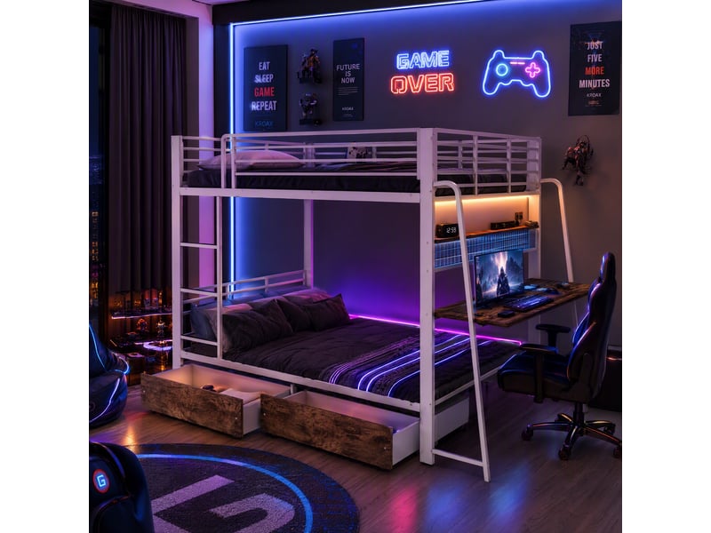  Lit superposé 140 × 200 cm, avec échelle, bureau, 2 tiroirs, led musicale, prise usb-c, métal blanc mat et effet noyer  - Conforama D