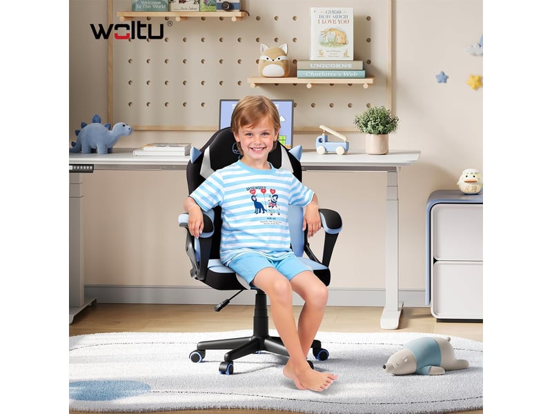  Chaise de jeu pour enfants, motif dinosaure, en tissu maillé, bleu, avec dossier et accoudoirs, avec roulettes universelles et lestées  - Conforama B