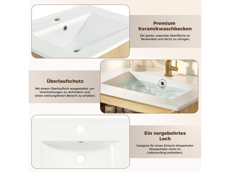  Meuble salle de bain 61 cm avec lavabo en céramique et aspect bois naturel  - Conforama D