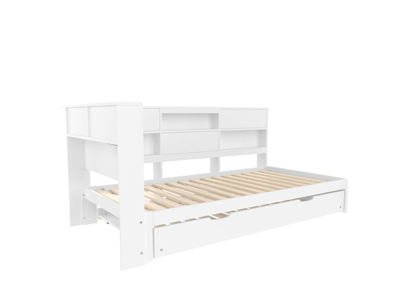  Lit banquette blanc 90 × 200 cm, tête de lit avec rangement et lit gigogne  - Conforama E