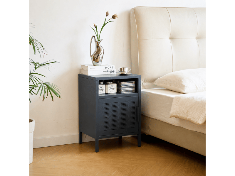  Nordlys - table de chevet nuit appoint 1 porte en métal avec rangement metal bleu  - Conforama B