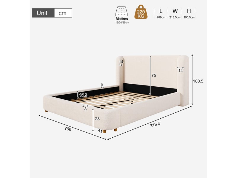  Lit double rembourré 180x200 cm avec sommier à lattes et tête de lit bouclée beige  - Conforama C