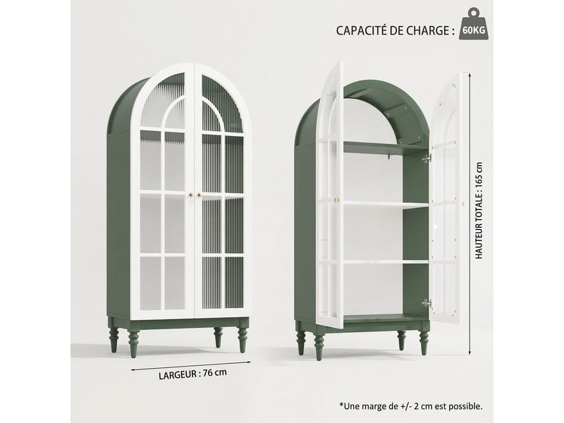  Buffet de cuisine vitrine 165 cm vert foncé avec portes en verre strié et 3 niveaux de rangement  - Conforama C