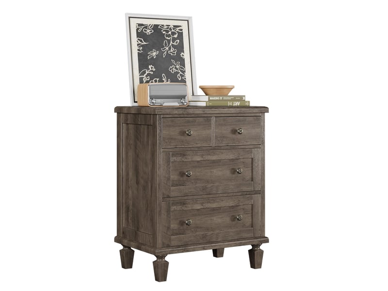  Commode vintage 4 tiroirs en bois massif – pieds fuselés – finition bois vieilli – idéale chambre, salon, entrée – gris vieilli PHK_366HEE6E - Conforama A