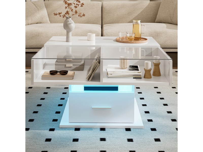  Table basse relevable avec led, rangement et tablette en verre, 78 x 78 cm, blanche  - Conforama D