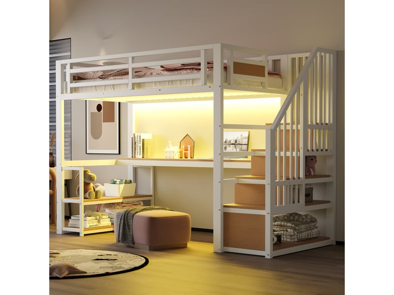  Lit mezzanine 90x200 cm en métal avec led, prise, escalier de rangement, bureau et étagères, blanc Fay Lum - Conforama E
