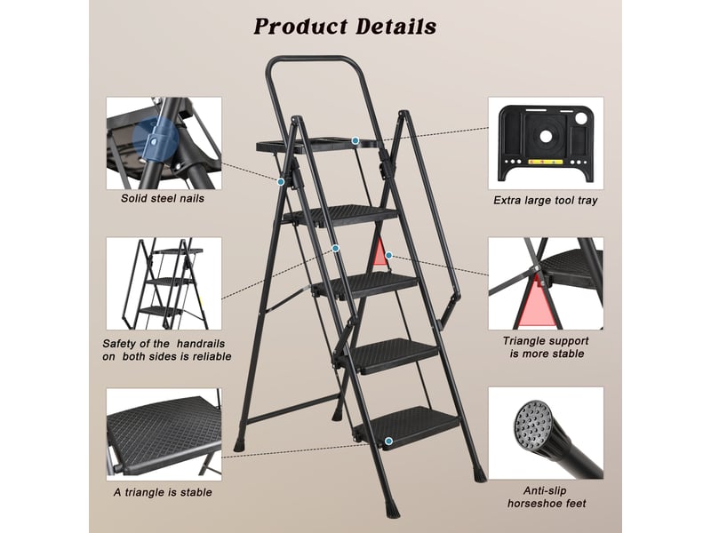 Escabeau 4 marches acier pliant avec rampe et plateau porte-outils amovible, charge 150 kg, noir  - Conforama R