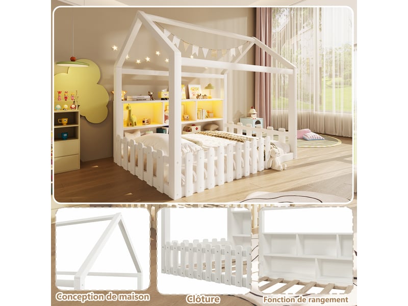  Lit cabane en bois blanc 90x190 cm avec led et étagères de rangement, lit enfant avec sommier à lattes, bois de pin naturel  - Conforama C