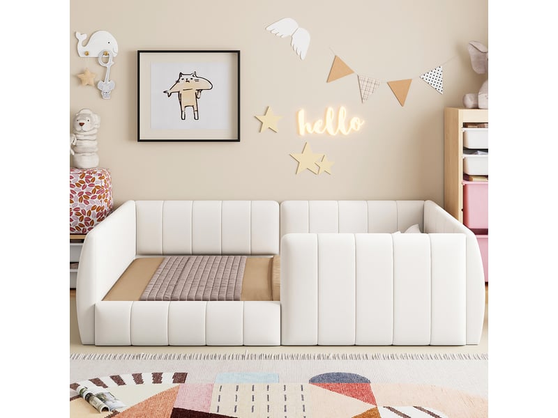  Lit enfant 90x200 cm, lit plateforme rembourré avec barrières de sécurité, tête de lit capitonnée et cadre bas - beige  - Conforama D