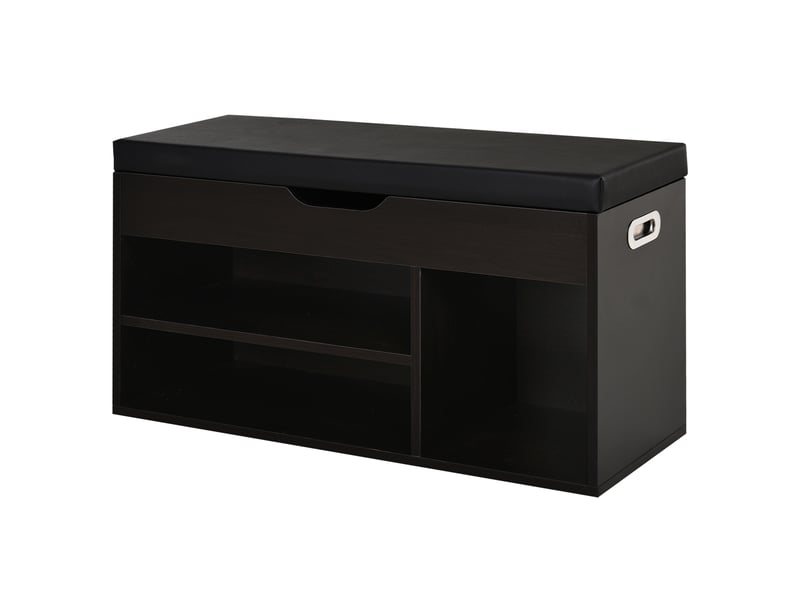  Meuble à chaussures d'entrée rembourré, gain de place, avec 3 compartiments, assise en similicuir, pour salon et couloir, 80 x 30 x 43 cm, noir  - Conforama A