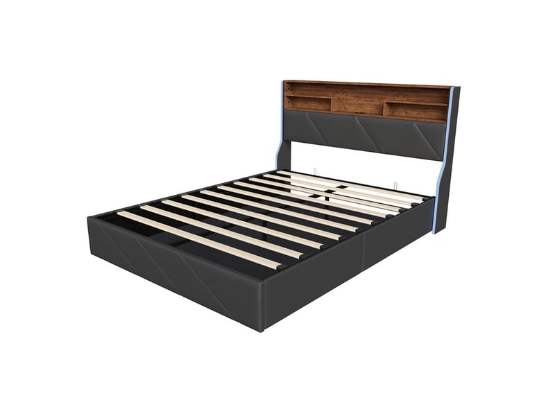  Lit 160x200cm - lit coffre 160x200cm - lit rembourré similicuir hydraulique, tête de lit étagère, led et ports usb type-c - noir  - Conforama A