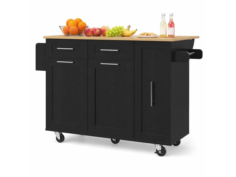  Desserte de cuisine 134,5 x 46 x 90,5 cm noire, mdf et métal, plateau pliant avec rangement sur roulettes  - Conforama A