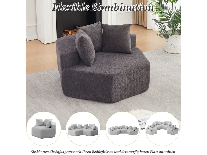  Fauteuil modulable hexagonal avec design modulaire et 3 coussins, en chenille mousse à ressort gris  - Conforama E