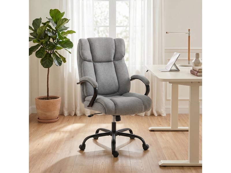  Chaise de bureau ergonomique en tissu effet lin, capacité de charge 220 kg, pivotante, réglable en hauteur, gris clair  - Conforama D