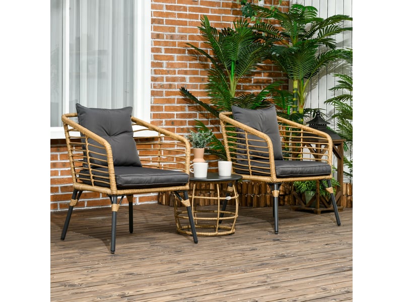  Ensemble table et chaises de jardin avec 2 fauteuils, 1 table basse et coussins, acier et rotin pe, sable  - Conforama B