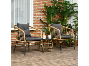 Ensemble table et chaises de jardin avec 2 fauteuils, 1 table basse et coussins, acier et rotin pe, sable