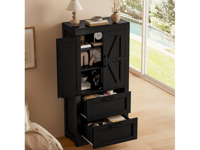  Buffet de cuisine 60x30x128 cm style campagne, 2 tiroirs, noir  - Conforama E
