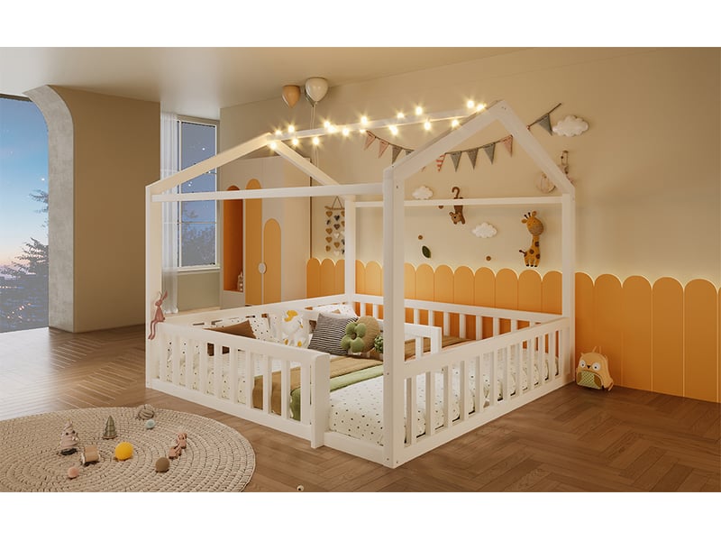  Lit cabane enfant 90x190×2180x190 cm en pin blanc, barrières, led, avec toit, sans matelas  - Conforama B