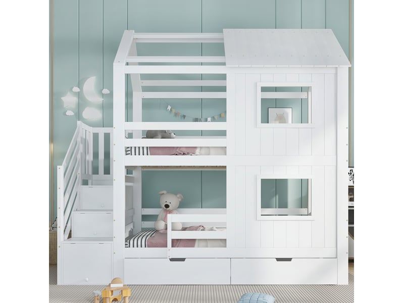  Lit superposé enfant 90x200 cm, lit avec rangement, escalier et tiroir à roulettes, structure mdf, blanc, sans matelas  - Conforama B