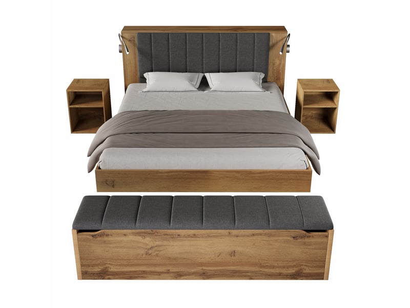 Lit double 160 × 200 cm avec tête de lit relevable, 2 tables de chevet, banc rangement, lampes usb, chêne - Conforama A