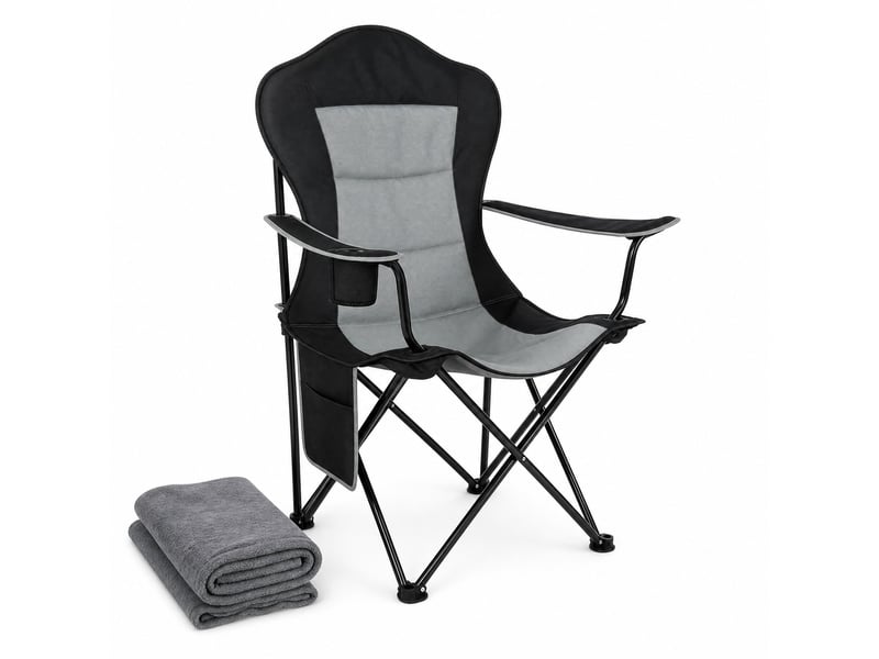 Chaise de camping pliante noire et gris foncé avec porte-gobelet, poche latérale et sac de transport pratique - Conforama A