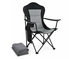 Chaise de camping pliante noire et gris foncé avec porte-gobelet, poche latérale et sac de transport pratique