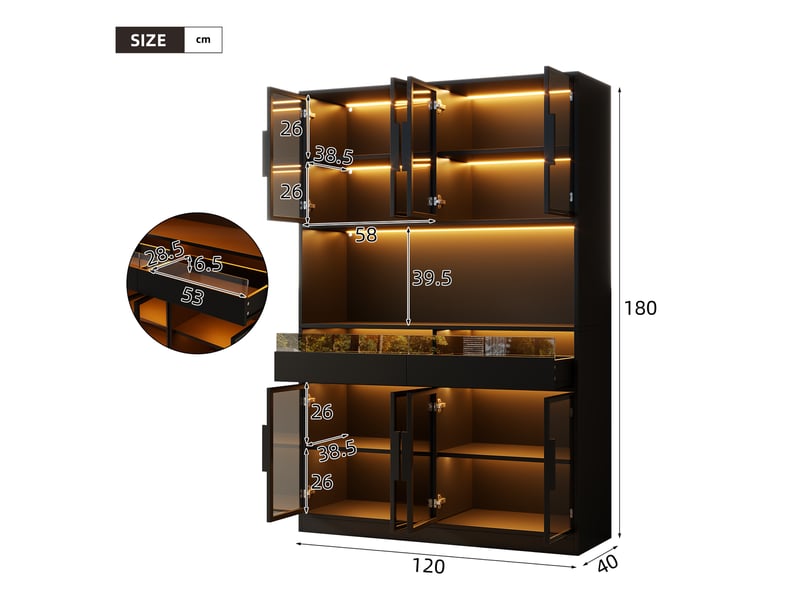  Vitrine 120x40x180 cm - 8 portes vitrées et 2 tiroirs - led multicolore via app - niche ouverte - verre trempé gris et mdf noir  - Conforama C