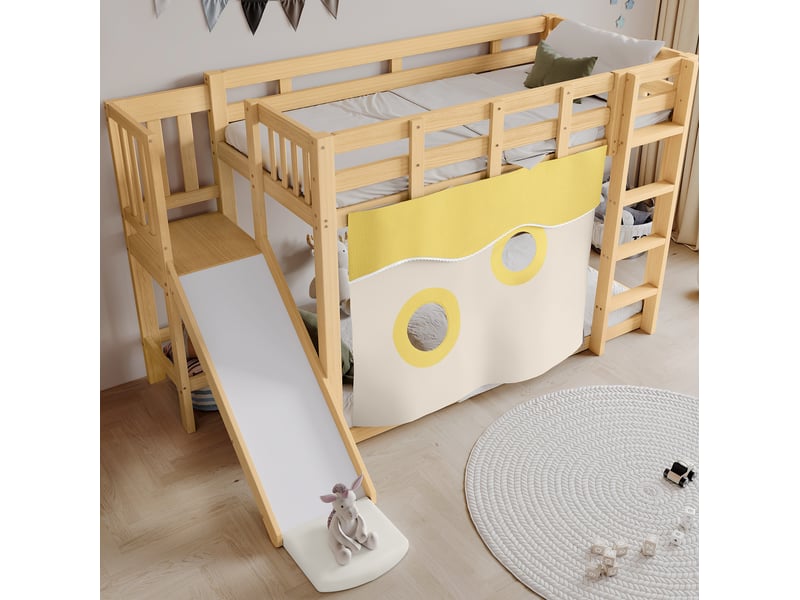 Lit superposé enfant 90x200 cm, toboggan, escalier, barrières, rideaux, pin et mdf naturel, sans matelas  - Conforama D