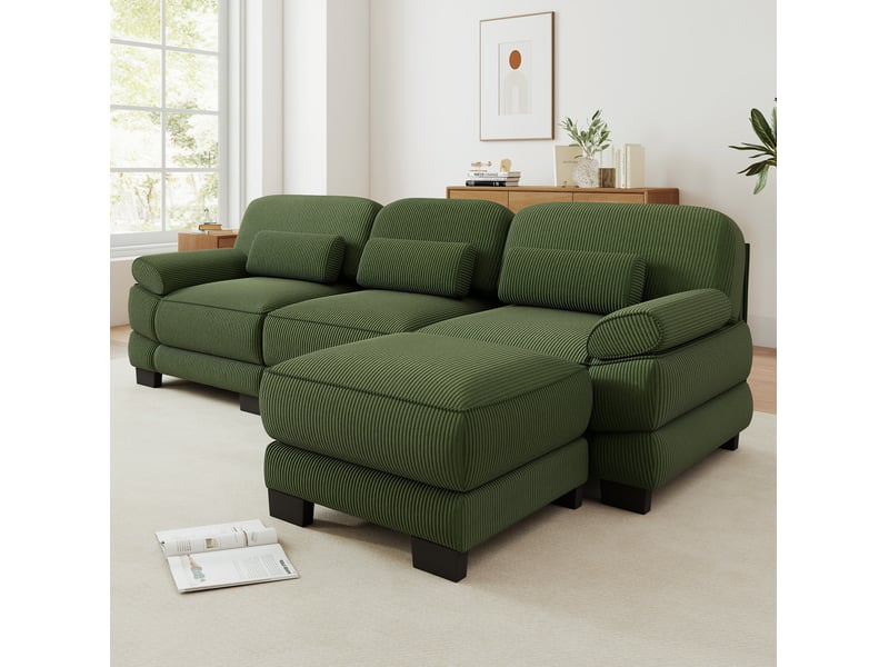 Canapé d'angle modulaire tcqpz 3 places avec pouf 265 x 161 x 94 cm velours côtelé vert - Conforama D