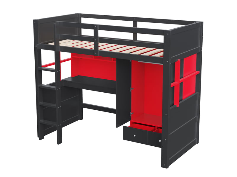  Lit mezzanine 90x200 cm avec bureau et armoire - lit enfant avec rangement, tiroirs et led - noir et rouge  - Conforama W