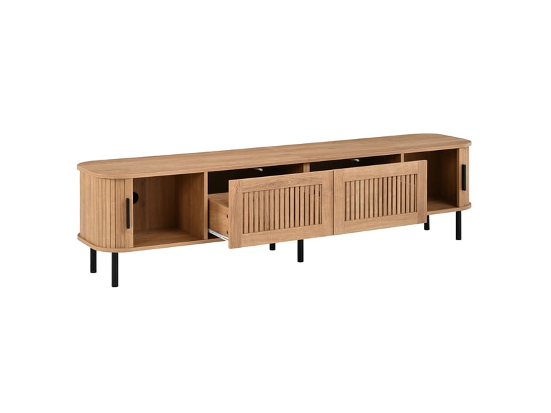  Meuble tv design scandinave, banc tv bas avec led connectée et portes coulissantes, en bois mdf et métal 180cm de salon, naturel  - Conforama D