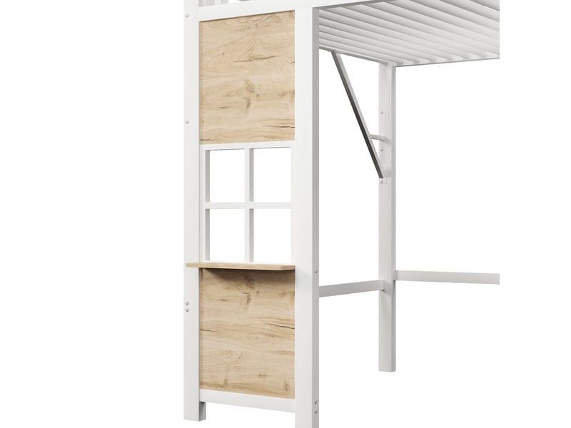  Lit mezzanine 140 × 200 cm, escalier-rangement, espace inférieur, garde-corps et sommier à lattes, métal et mdf, blanc  - Conforama E